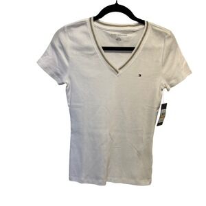 NWT Tommy Hilfiger Womens White V-Neck T-Shirt Gold Metallic Trim $29.50 Size S